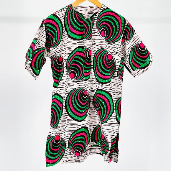 Handmade Dutch Wax Vlisco Green Pink Psychedelic Print African Tunic Shirt - Picture 1 of 8